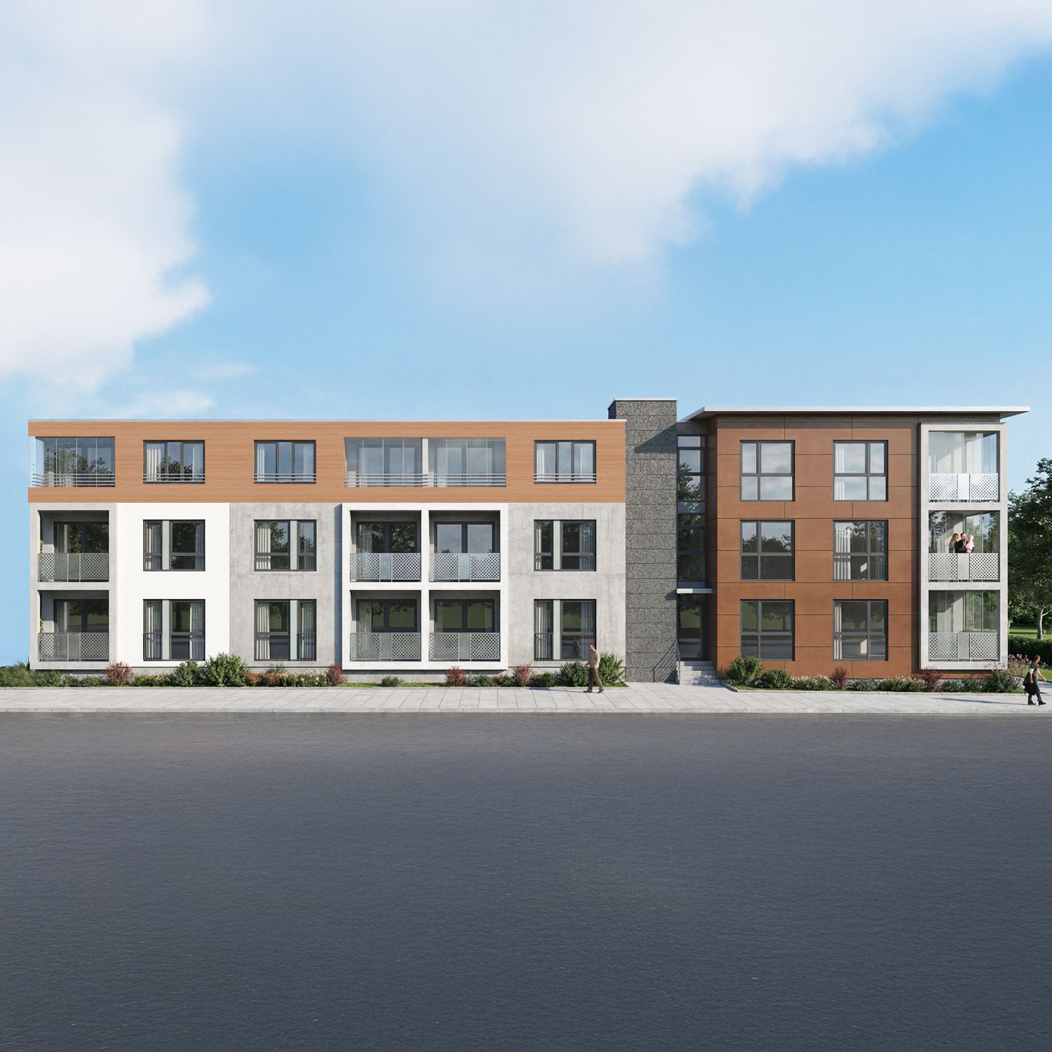 Frontalansicht der Mehrgenerationenwohnanlage in der Leverkuser Straße